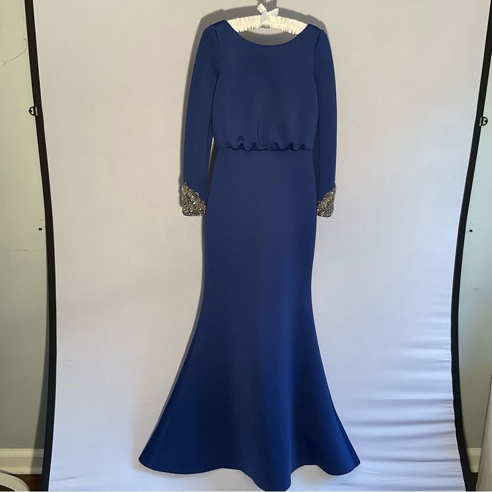 Royal Blue Badgley Mischka Mermaid Evening Gown Beaded Cuffs Bow Back Formal Sz4 - Picture 5 of 16